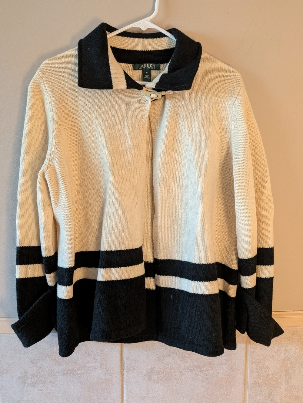 Lauren Ralph Lauren, Vintage Colorblock Lambswool Cardigan, Black/Cream, Size M